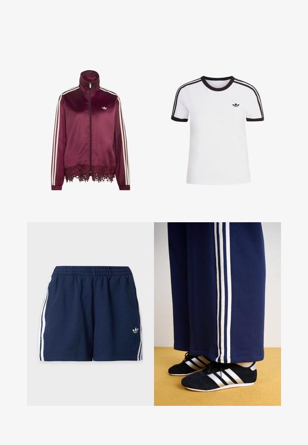 Vinrød satin lynlåstrøje med hvide striber på ærmerne, høj krave og blondekant langs nederste kant.; Hvid kortærmet t-shirt med sorte detaljer, der har rund halsudskæring og tre sorte striber på hver skulder. Lille sort logo på brystet.; Marineblå atletikshorts med elastisk talje, hvide sidelommer og lille Adidas-logo på venstre ben.; Mørkeblå træningsbukser med tre hvide lodrette striber og sorte sportssko med sølvstriber og en struktureret overflade. Gul gulv.