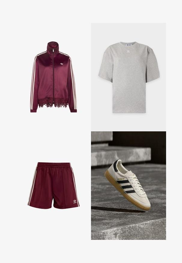 Bordeaux satijnen jas met ritssluiting, witte strepen op de mouwen, een hoge kraag en een kanten rand langs de onderzoom.; Lichtgrijs Adidas T-shirt met korte mouwen, ronde hals en klein wit Adidas-logo op de borst, weergegeven op een effen achtergrond.; Bordeauxkleurige sportshorts met een elastische tailleband, drie witte strepen aan elke kant en een klein wit Adidas-logo aan de onderkant links.; Witte Adidas Spezial sneaker met zwarte strepen en gumzool, zwevend boven grijze stenen trappen buiten.