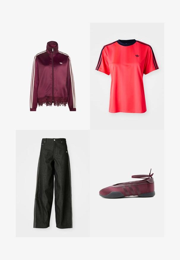 Chaqueta de satén color granate con cremallera, rayas blancas en las mangas, cuello alto y ribete de encaje en el dobladillo inferior.; Camiseta deportiva roja de manga corta, con rayas verticales, cuello redondo color marino y un pequeño logo negro en la parte frontal.; Pantalones anchos de mezclilla negra con rayas laterales blancas, que cuentan con bolsillos delanteros, una bragueta con botones y un logo sutil cerca de la cintura.; Bailarina burdeos con suela negra, tiras elásticas en el tobillo atadas en moño y detalles cosidos en los laterales, vista desde el lado exterior.
