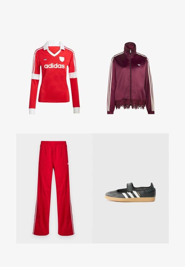Chaqueta de satén color granate con cremallera, rayas blancas en las mangas, cuello alto y ribete de encaje en el dobladillo inferior.; Camiseta de fútbol de manga larga roja con un cuello y puños blancos. Presenta tres rayas blancas en los hombros y el logotipo de "adidas" en un lugar destacado.; Pantalones deportivos rojos con un corte holgado, cintura elástica, dos bolsillos laterales y franjas blancas a los lados. Fabricados con un material sintético y suave.; Zapatilla de deporte de cuero negro y ante con una correa de Velcro, que presenta tres rayas blancas y una suela de goma, etiquetada "SAMBA" en el lateral.