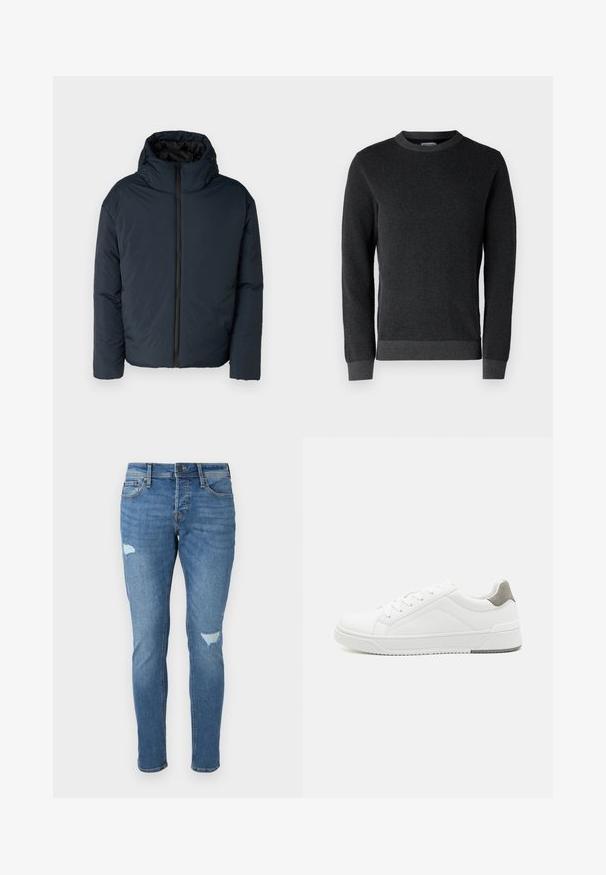 Brave Soul ENERGIZE - Vinterjakker - navy; Mørkegrå striktrøje med en struktureret overflade, rund halsudskæring og ribkanter ved ærmer og bund. Har lange ærmer og en klassisk pasform.; Fadede blå denim jeans med slim fit, der har slidte områder ved knæene, en knaplukning og fem-lomme design.; Hvid sneaker lavet af glat læder, rund tå, minimalistisk design, grå hælafsats og tekstureret gummisål.