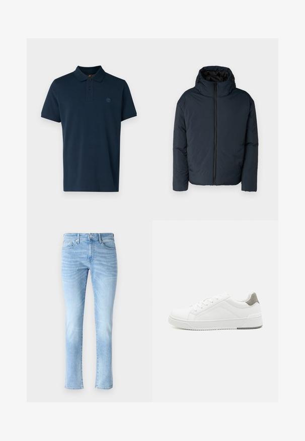 Brave Soul ENERGIZE - Talvejope - navy; Tumesinine polo särk, mis on valmistatud puuvillast, kraega, kolmeknöpplühi, ning väikese logoga rinnal. Lühikesed varrukad.; Heledad sinine teksapüksid kitsas lõikega, viie tasku kujundusega ja peente fadeeritud detailidega, klassikalise sirge sääre lõike ja nööbiga kinnitusega.; Valge tenniseking sileda nahaga, ümar varvas, minimalistlik disain, hall kand, ja tekstureeritud kummist tald.