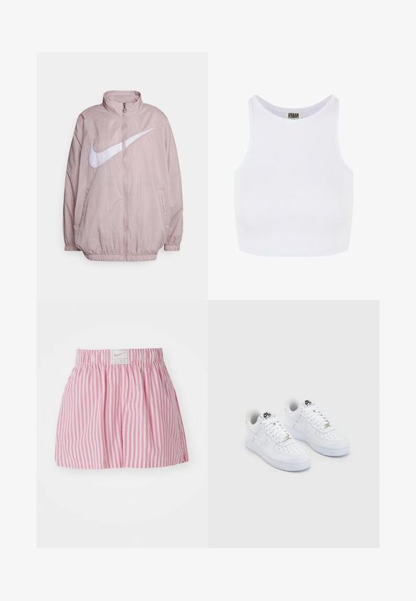 Lys pink Nike vindjakke med høj krave, fuld lynlås lukning og et stort hvidt logo på fronten. Elastiske manchetter og kant.; Hvid ribbet cropped tanktop med brede skulderstropper og en rund udskæring. Har en blød tekstur og et minimalistisk design uden mønstre.; Pink og hvide stribede shorts med elastisk taljebånd og en lille Nike-logo lap på bagsiden. Fremstillet af letvægtsstof.; Hvide Nike Air Force 1 sneakers med en glat læderoverdel, perforeret tåboks, hvide snørebånd og sort branding på tungen.