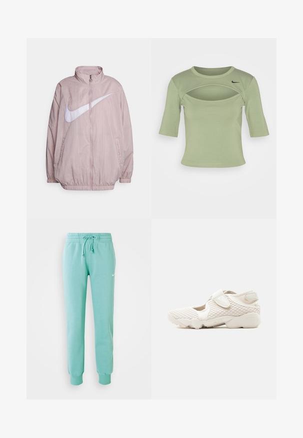 Lys pink Nike vindjakke med høj krave, fuld lynlås lukning og et stort hvidt logo på fronten. Elastiske manchetter og kant.; Nike Sportswear CUTOUT - T-shirts print - oil green/black; Mintgrønne sweatpants med elastisk talje, snoretræk og ribstrikkede manchetter. Har et lille hvidt Nike-logo på venstre lår.; Lysebeige Nike-sneaker med overdel i mesh, velcroremme, polstret sål og udskårne sider, designet til komfort og åndbarhed.