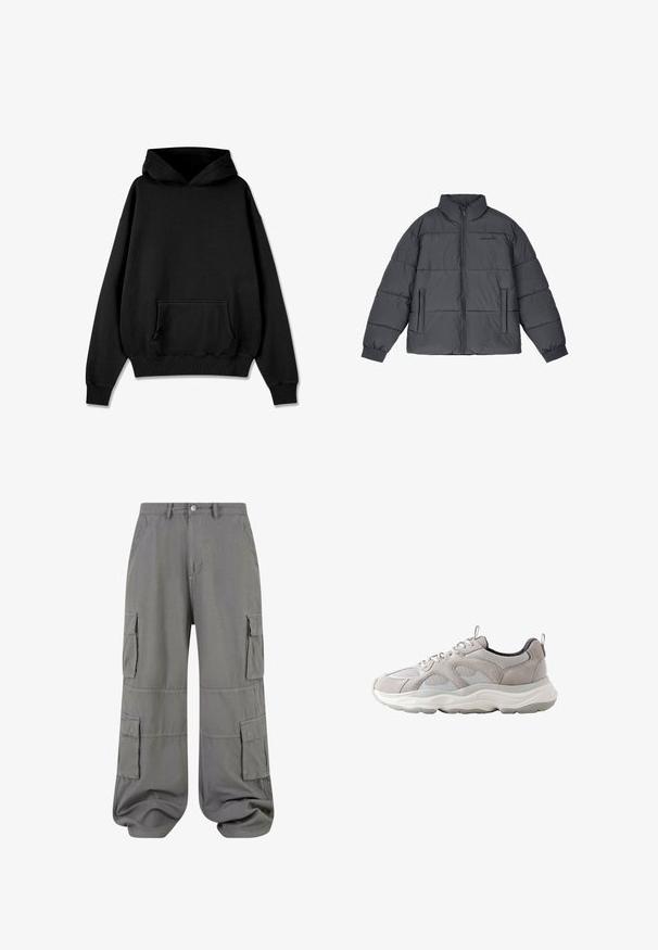 Hallgrå pustjakke, mis on valmistatud tikitud kangast, millel on kõrge kaelus, ees lukk ja kaks küljetaskut; sisaldab soonikku mõlemas käises.; Pegador LOGO OVERSIZED HOODIE - Kapuutsiga pusa - vintage black black; Hallid hallid kaubanduslikud püksid, mis on valmistatud kergest kangast. Need sisaldavad kahte küljetaskut, kahte kaubandustaskut ja elastset hemmi lõdvestatud istuvuse tagamiseks.; Helehall ja valge täissportlik toss, millel on võrkkangast ja seemisnahast osad, paeltega kinnituv, pehmendusega tallas ja keelega ning kontsa juures tõmbenööbid.