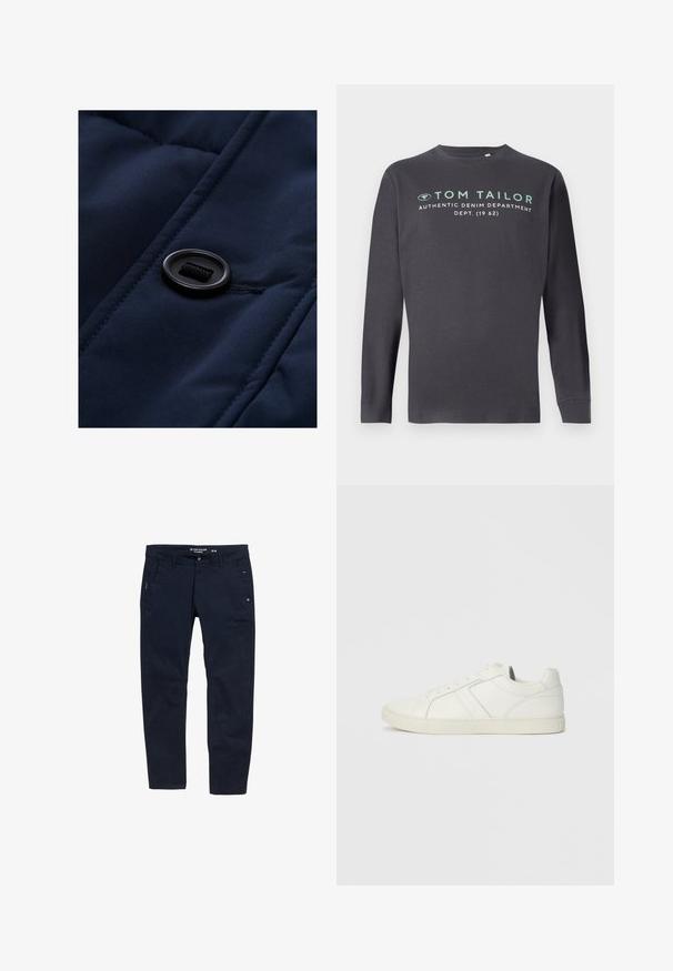 Marineblauwe gewatteerde stof met een gladde textuur, voorzien van een zwarte knop en trekkoord-detail op het oppervlak, waarbij de quiltpatronen worden benadrukt.; TOM TAILOR PRINTED - Longsleeve - tarmac grey; Navyblauwe broek van katoen met een rechte pasvorm. Voorzien van twee zijzakken en een knoopsluiting. Minimalistisch ontwerp met subtiele accenten.; Laag uitgesneden witte leren sneaker met vetersluiting en platte rubberen zool, gezien van de binnenkant op een effen achtergrond.