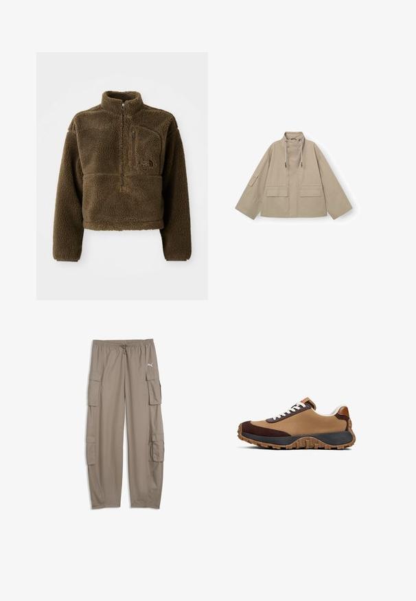 Chaqueta utilitaria beige con cuello alto, dos bolsillos delanteros y cordones ajustables en el cuello. Cuenta con mangas anchas y un ajuste relajado.; Chaqueta de forro polar marrón con cuello alto, cierre de media cremallera en la parte delantera y un bolsillo en el pecho; cuenta con una tela texturizada y un logotipo en el frente.; Pantalones cargo de corte ancho de color marrón claro con cintura con cordón y bolsillos con solapa en cada pierna, con un pequeño logo blanco de Puma en el lado derecho.; Zapatilla con parte superior de textil marrón claro, acentos de ante marrón oscuro, cordones blancos y suela de goma negra y marrón con patrón.