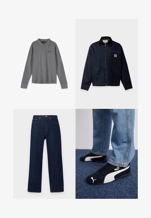Dunkelblaue Jeansjacke mit schwarzem Kragen, Frontreißverschluss, zwei Seitentaschen, einer Reißverschlusstasche auf der Brust und einem Carhartt-Logoaufnäher.; Langarm-Polohemd aus gestreiftem grauem Stoff. Verfügt über einen Kragen, eine Drei-Knopf-Leiste und dezente schwarze Markenkennzeichnung auf der Brust.; Dunkelblaue Jeans mit geradem Bein, Knopf und Reißverschluss vorne sowie Fünf-Taschen-Design auf neutralem Hintergrund.; Schwarze Wildledersneaker mit weißen Akzenten und einem goldenen Logo. Getragen mit hellblauen Jeans und auf einer strukturierten blauen Oberfläche platziert.