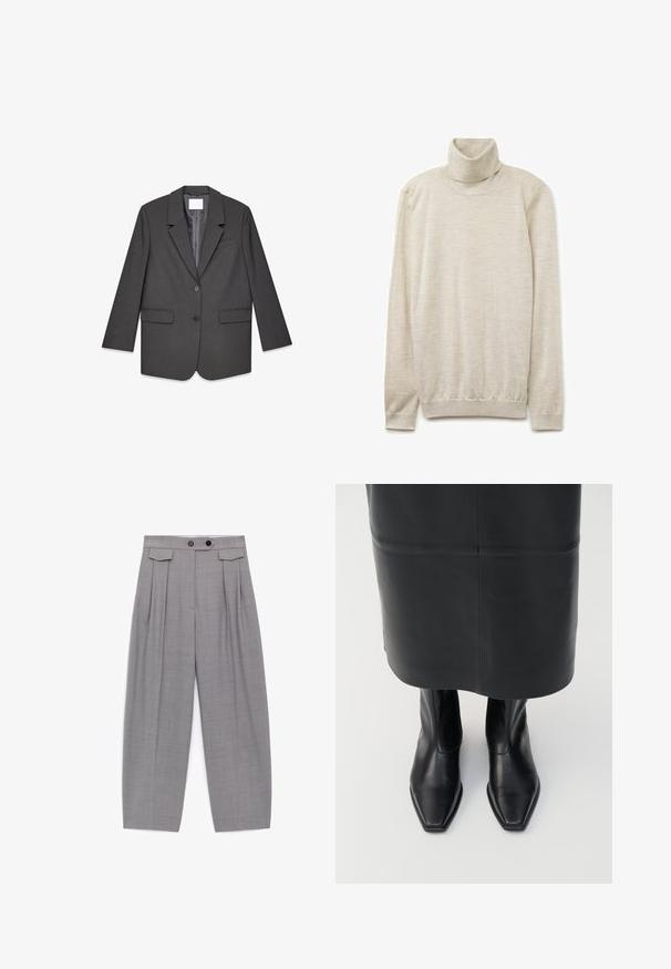Blazer gris foncé à deux boutons avec revers à cran, deux poches à rabat à l'avant et une poche passepoilée sur la poitrine, présenté à plat sur fond blanc.; Pull en col roulé beige en tissu doux, avec un col haut, des manches longues et un ourlet côtelé. Texture lisse avec des variations subtiles.; Pantalon gris ample taille haute avec plis, deux boutons noirs sur la ceinture et des détails avec rabats près des hanches.; Bottes montantes en cuir noir avec un design à bout carré et une fermeture éclair sur le côté. Texture lisse et matériel minimal ; associées à une jupe en cuir noir.