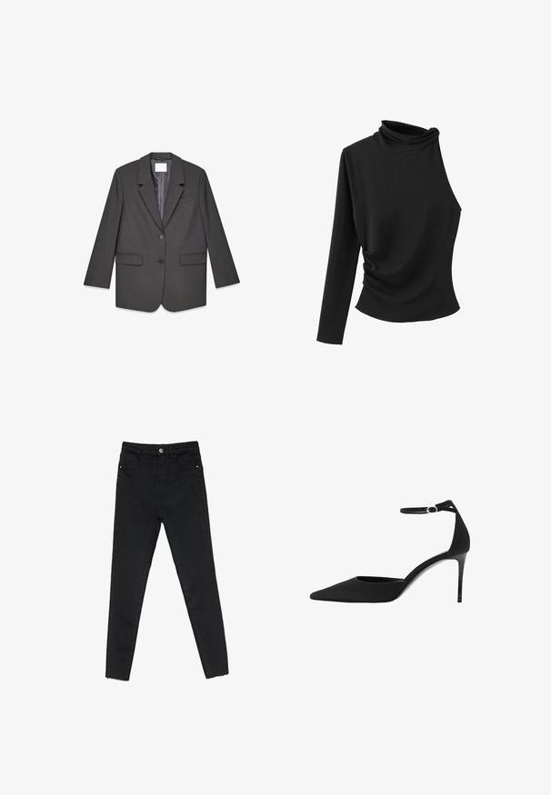 Donkergrijze blazer met twee knopen en gesneden revers, twee voorzakken met flap en één borstzak. De blazer wordt plat weergegeven op een witte achtergrond.; Zwarte top met lange mouwen en een hoge hals, asymmetrisch ontwerp met plooidetail aan één kant en een gladde, rekbare stof.; Zwarte skinny jeans van denim, met een hoge taille, vijf-pocketontwerp en een onafgewerkte zoom bij de enkels. Klassieke knoop- en ritssluiting.; Zwarte hoge hak met spits toelopende neus, gemaakt van glad materiaal, voorzien van een enkelbandje met een zilveren gesp en een slanke hak.