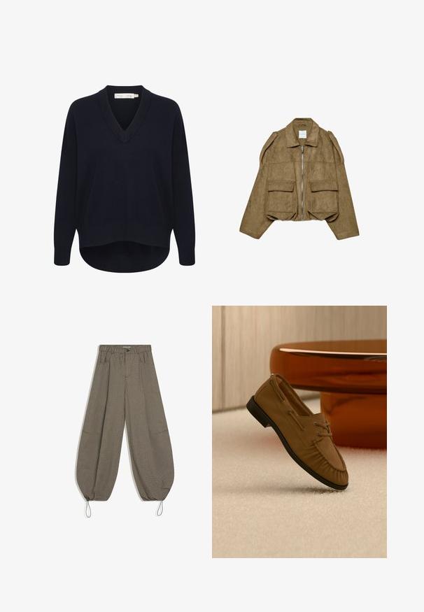 Veste courte en daim marron avec fermeture éclair à l'avant, large col, manches longues, détails aux épaules et deux grandes poches à rabat à l'avant.; Pull V en maille marine avec des manches longues, une coupe décontractée et un ourlet arrondi. Fabriqué en tissu doux et texturé, avec des étiquettes minimales.; Pantalon large à carreaux marron et noir avec taille élastique, poches avant, fermeture par bouton et cordons ajustables aux chevilles.; Mocassin en cuir suédé marron avec semelle noire flottant au-dessus d'un tapis beige, avec une table ronde orange floutée en arrière-plan.