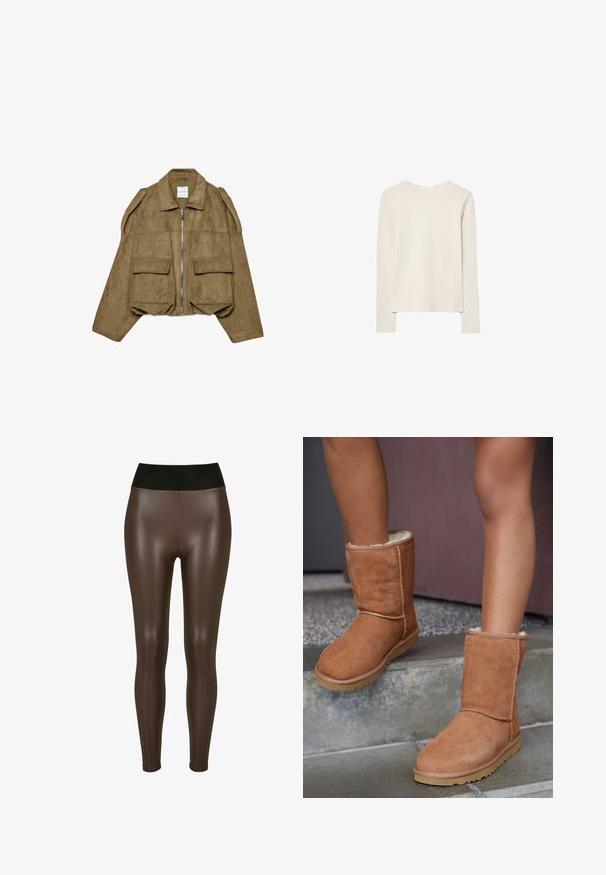 Brun ruskind cropped jakke med lynlås foran, bred krave, lange ærmer, skulderdetaljer og to store frontlommer med klap.; Lys beige langærmet top lavet af blød stof, med rund halsudskæring og en afslappet pasform med lige kant og minimal syning detaljer.; Brune faux læder leggings med en høj sort talje, der har en glat, blank finish og en tætsiddende design til anklerne.; Brune ruskind ankelstøvler med rund tå, blødt foer og gummisål, der har synlige stikninger langs sømmene.