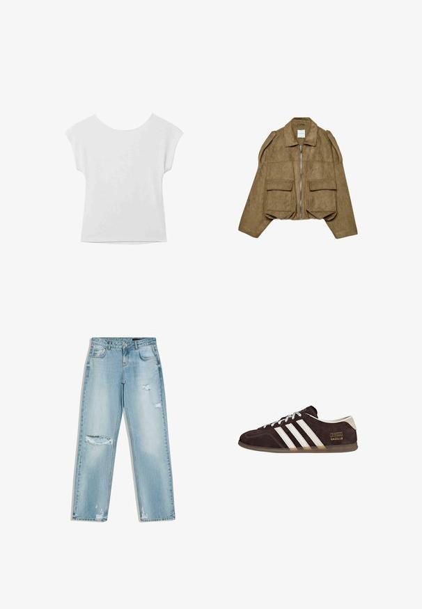 Veste courte en daim marron avec fermeture éclair à l'avant, large col, manches longues, détails aux épaules et deux grandes poches à rabat à l'avant.; Haut blanc à manches courtes avec un col rond et une coupe décontractée. Fabriqué à partir d'un tissu lisse, présentant une texture subtile et des lignes épurées.; Jean en denim bleu clair avec des détails déchirés sur la cuisse, le genou et l'ourlet, comportant des poches avant, des passants de ceinture et une fermeture à bouton.; Baskets en suède marron avec trois bandes blanches, semelle en caoutchouc, et étiquette avec le texte "Gazelle" en or. Fermeture à lacets avec lacets gris.
