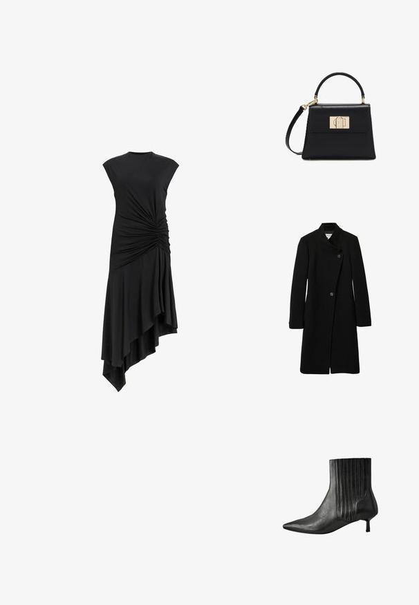 Schwarzer Wollmantel mit hohem Kragen, doppelter Knopfverschluss und langen Ärmeln. Das Design ist schlank mit minimalen Details.; Schwarzes ärmelloses Kleid mit gerafften Details an der Seite, ausgestattet mit einem asymmetrischen Saum, der elegant fällt. Weiche Stofftextur.; Schwarze Leder-Stiefelette mit einer spitzen Zehenform, geribbeltem Seitendesign und einem niedrigen, quadratischen Absatz. Glatte Textur mit glänzendem Finish.; Schwarze Lederhandtasche mit Tragegriff oben, abnehmbarem Schulterriemen und goldenem rechteckigem Verschluss an der Vorderklappe.