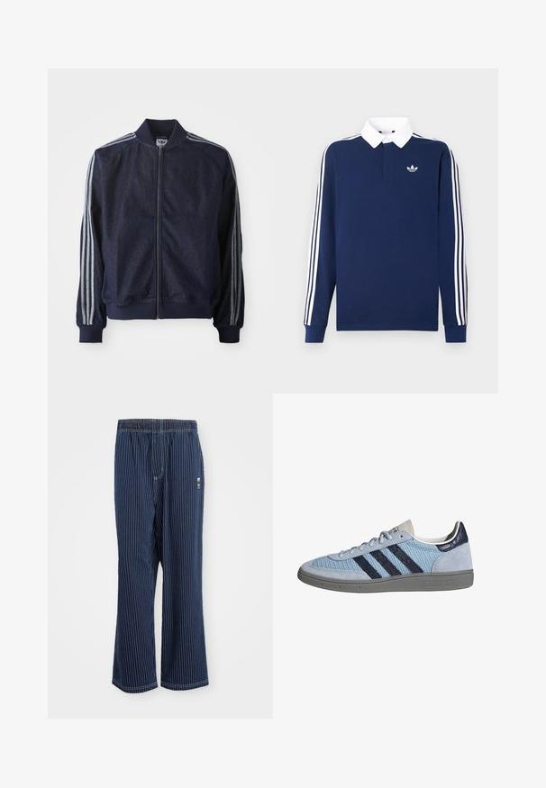 Marineblaue Jeansjacke mit Reißverschluss vorne, gerippten Bündchen und drei weißen Streifen an jedem Arm. Mit kleinem Logo auf der Brust.; Marineblaues, langärmeliges Poloshirt aus Baumwollstoff, weißer Kragen, klassische drei weiße Streifen entlang der Ärmel, mit kleinem Logo auf der Brust.; Marine gestreifte Hose mit hellblauen vertikalen Streifen, elastischem Bund, weit geschnittenem Bein und kleinem Logo an der Seite. Der Stoff hat eine glatte Textur.; Hellblauer Adidas-Sneaker mit dunkelblauen Streifen, Wildleder an Zehen- und Fersenbereich, strukturierte Sohle und Schnürverschluss, Seitenansicht auf weißem Hintergrund.