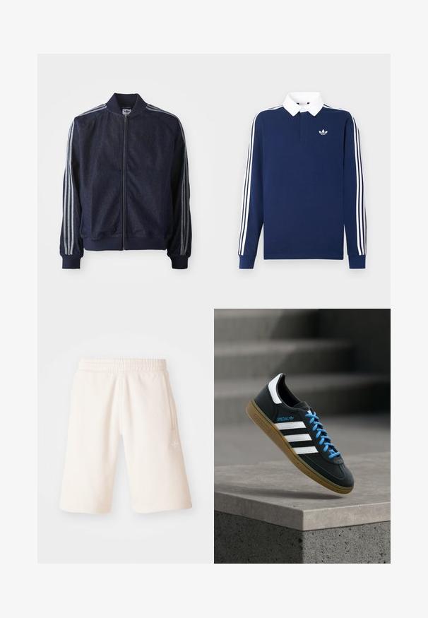 Marineblaue Jeansjacke mit Reißverschluss vorne, gerippten Bündchen und drei weißen Streifen an jedem Arm. Mit kleinem Logo auf der Brust.; Marineblaues, langärmeliges Poloshirt aus Baumwollstoff, weißer Kragen, klassische drei weiße Streifen entlang der Ärmel, mit kleinem Logo auf der Brust.; Cremfarbene Baumwollshorts mit einem elastischen Bund, seitlichen Taschen und einem dezenten Logo am linken Bein. Glatte Textur und knielanges Design.; Schwarzer Adidas-Sneaker mit weißen Streifen, blauen Schnürsenkeln und Gummisohle, der über einer grauen Betontreppe im weichen Licht schwebt.
