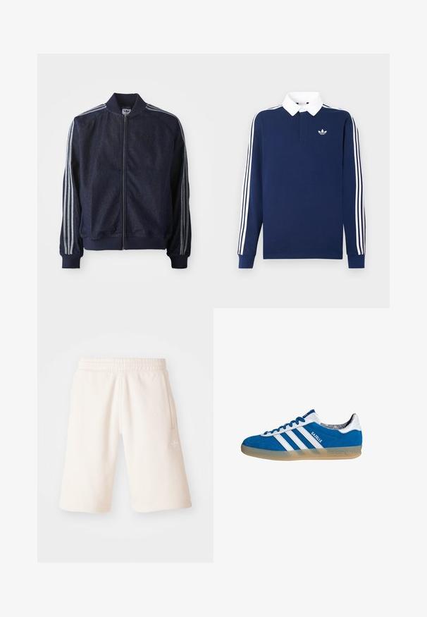 Chaqueta de mezclilla azul marino con cremallera frontal, puños acanalados y tres rayas blancas a lo largo de cada brazo. Presenta un pequeño logo en el pecho.; Polo de manga larga azul marino, tejido de algodón, cuello blanco, presenta tres franjas blancas clásicas a lo largo de las mangas, con un pequeño logo en el pecho.; Pantalones cortos de algodón color crema con cintura elástica, bolsillos laterales y un logotipo sutil en la pierna izquierda. Textura suave y diseño hasta la rodilla.; Zapatilla Adidas Gazelle azul y blanca con suela de goma y tres franjas blancas, vista desde un lado sobre un fondo blanco.