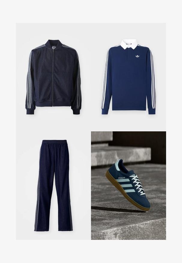 Marineblaue Jeansjacke mit Reißverschluss vorne, gerippten Bündchen und drei weißen Streifen an jedem Arm. Mit kleinem Logo auf der Brust.; Marineblaues, langärmeliges Poloshirt aus Baumwollstoff, weißer Kragen, klassische drei weiße Streifen entlang der Ärmel, mit kleinem Logo auf der Brust.; Marineblaue Sporthosen mit einem elastischen Bund, ausgestattet mit drei weißen seitlichen Streifen und einem geraden Bein. Weicher Denim-Look.; Blauer Adidas Spezial Sneaker mit weißen Streifen und Schnürsenkeln, Gummisohle, schwebend über rauer Betonoberfläche und Treppen im Hintergrund.
