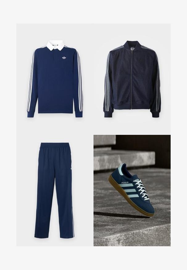 Mørkeblå denimjakke med lynlås foran, ribbede manchetter og tre hvide striber langs hver arm. Har et lille logo på brystet.; Marineblå langærmet polo i bomuldsstof, hvid krave, med klassiske tre hvide striber langs ærmerne og et lille logo på brystet.; Marineblå træningsbukser med en tekstureret finish, elastisk taljebånd og hvide sidelommer. Har en lige pasform og ingen lommer.; Blå Adidas Spezial sneaker med hvide striber og snørebånd, gummisål, svævende over en ru betongoverflade og trin i baggrunden.