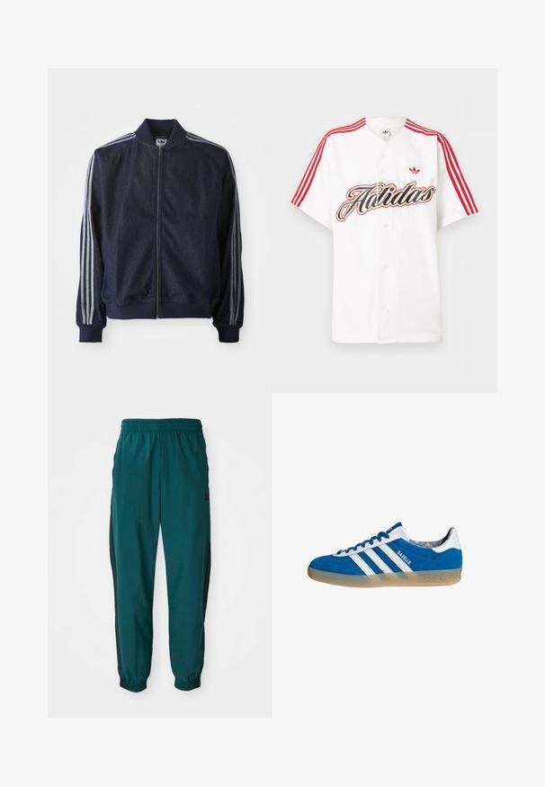 Marineblaue Jeansjacke mit Reißverschluss vorne, gerippten Bündchen und drei weißen Streifen an jedem Arm. Mit kleinem Logo auf der Brust.; Weißes kurzärmeliges Hemd mit Knopfleiste, roten Adidas-Streifen auf den Schultern, großem stilisiertem Schriftzug "Adidas" und rotem Trefoil-Logo auf der Brust.; Türkise Sporthose mit einem Kordelzugbund, elastischen Bündchen und seitlichen schwarzen Streifen. Hergestellt aus leichtem Stoff und mit einem Logo in der Nähe der Hüfte.; Blauer und weißer Adidas Gazelle Sneaker mit Gummisohle und drei weißen Streifen, aus der Seitenansicht auf weißem Hintergrund.