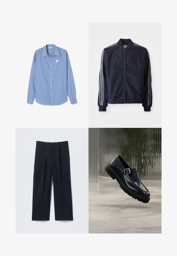 Chaqueta de mezclilla azul marino con cremallera frontal, puños acanalados y tres rayas blancas a lo largo de cada brazo. Presenta un pequeño logo en el pecho.; Camisa de manga larga a rayas verticales en azul y blanco, con cuello puntiagudo, botones frontales y un pequeño parche con logo cuadrado en el pecho izquierdo.; Pantalones azul marino oscuros hechos de tela suave, con un ajuste entallado, dos bolsillos delanteros y cierre de botón.; Zapato de cuero negro pulido con punta redonda, costuras decorativas y una correa con hebilla sobre una suela gruesa de goma.