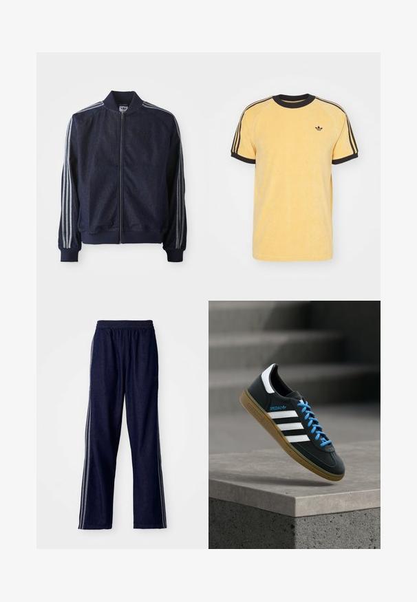 Námořnická denimová bunda se zipem vpředu, zúženými manžetami a třemi bílými pruhy na každém rukávu. Obsahuje malé logo na hrudi.; adidas Originals CALI TEE - Tričko s potlačou - oat; Námornícke modré športové nohavice s elastickým pásom, s tromi bielymi bočnými pruhmi a rovným strihom. Mäkká denimová textúra.; Čierna teniska Adidas s bielymi pruhmi, modrými šnúrkami a gumovou podrážkou, ktorá sa vznáša nad sivým betónovým schodom v mäkkom svetle.