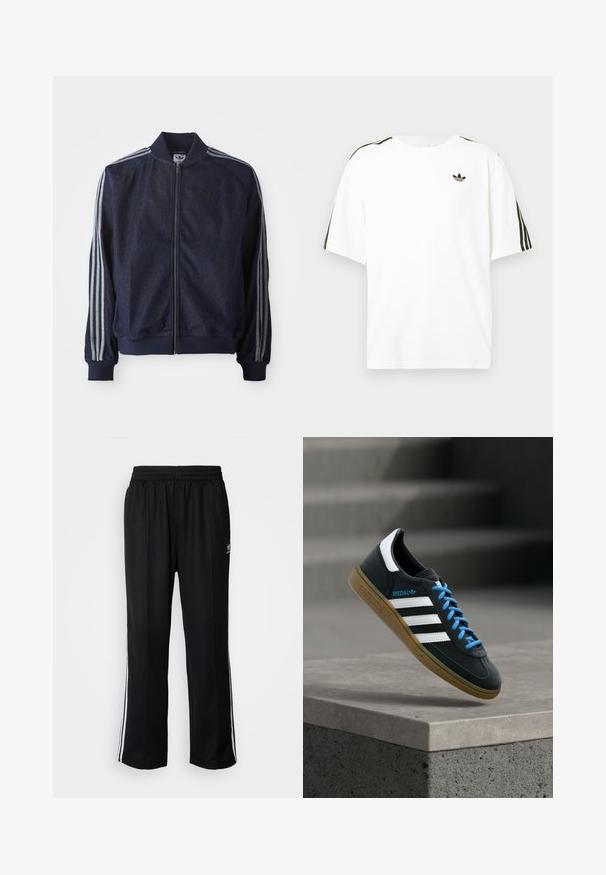 Veste en denim bleu marine avec fermeture éclair à l'avant, poignets côtelés et trois rayures blanches le long de chaque bras. Comprend un petit logo sur la poitrine.; T-shirt en coton blanc à manches courtes, avec des accents noirs à trois rayures sur les épaules et un petit logo noir sur la poitrine.; Pantalons de sport noirs avec une taille élastique, ornés de rayures blanches sur les côtés et d'un petit logo. Le matériau semble doux et léger.; Baskets Adidas noires avec des rayures blanches, des lacets bleus et une semelle en gomme flottant au-dessus d'une marche en béton grise sous une lumière douce.