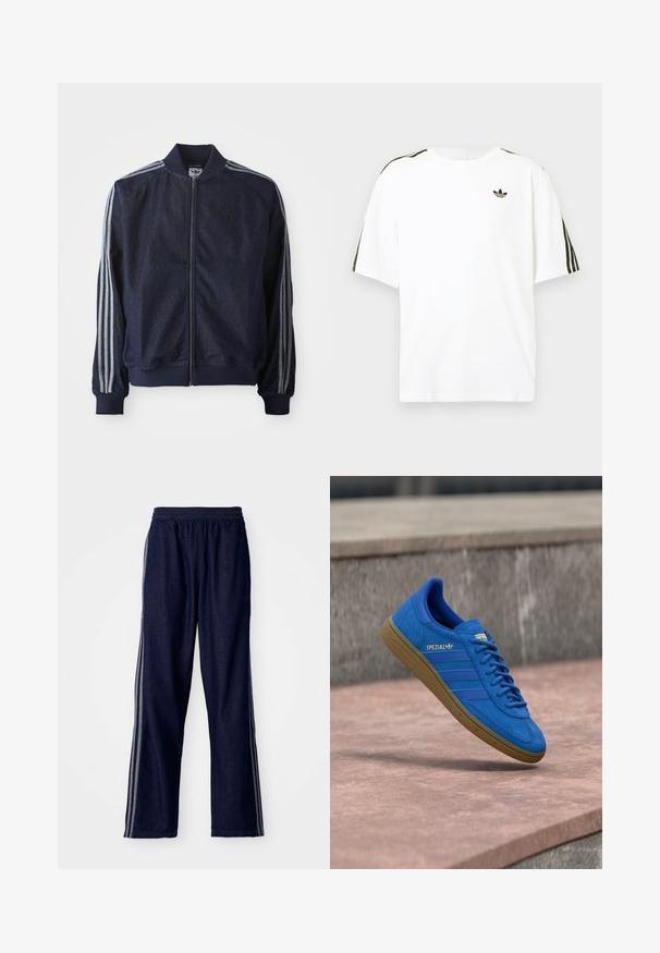 Marineblaue Jeansjacke mit Reißverschluss vorne, gerippten Bündchen und drei weißen Streifen an jedem Arm. Mit kleinem Logo auf der Brust.; Weißes Baumwoll-T-Shirt mit kurzen Ärmeln, ausgestattet mit schwarzen drei Streifen-Akzenten an den Schultern und einem kleinen schwarzen Logo auf der Brust.; Marineblaue Sporthosen mit einem elastischen Bund, ausgestattet mit drei weißen seitlichen Streifen und einem geraden Bein. Weicher Denim-Look.; Blauer Adidas Spezial Sneaker mit Gummisohle, Schnürsenkel gebunden, schwebend über einer glatten Steinoberfläche nahe einer grauen Betonwand.