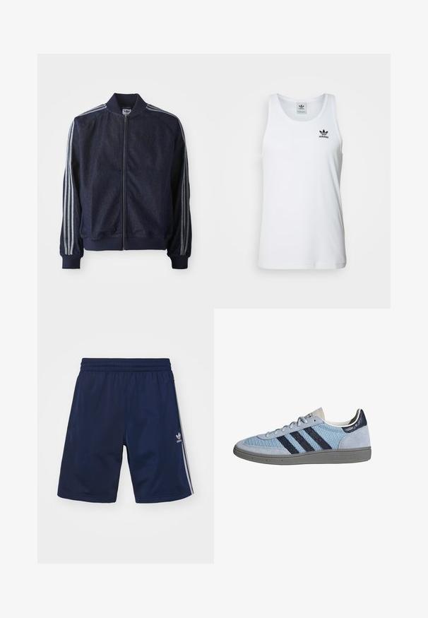 Marineblaue Jeansjacke mit Reißverschluss vorne, gerippten Bündchen und drei weißen Streifen an jedem Arm. Mit kleinem Logo auf der Brust.; Weißes geripptes Tanktop mit Rundhalsausschnitt, schwarzem Adidas-Logo auf der linken Brust und ohne Ärmel. Weiches Baumwollmaterial, lässige Passform.; Marineblaue Sportshorts aus leichtem Material, mit einem elastischen Bund und drei weißen Streifen an den Seiten. Adidas-Logo sichtbar.; Hellblauer Adidas-Sneaker mit dunkelblauen Streifen, Wildleder an Zehen- und Fersenbereich, strukturierte Sohle und Schnürverschluss, Seitenansicht auf weißem Hintergrund.