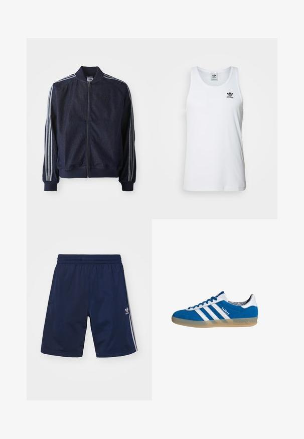 Marineblaue Jeansjacke mit Reißverschluss vorne, gerippten Bündchen und drei weißen Streifen an jedem Arm. Mit kleinem Logo auf der Brust.; Weißes geripptes Tanktop mit Rundhalsausschnitt, schwarzem Adidas-Logo auf der linken Brust und ohne Ärmel. Weiches Baumwollmaterial, lässige Passform.; Marineblaue Sportshorts aus leichtem Material, mit einem elastischen Bund und drei weißen Streifen an den Seiten. Adidas-Logo sichtbar.; Blauer und weißer Adidas Gazelle Sneaker mit Gummisohle und drei weißen Streifen, aus der Seitenansicht auf weißem Hintergrund.