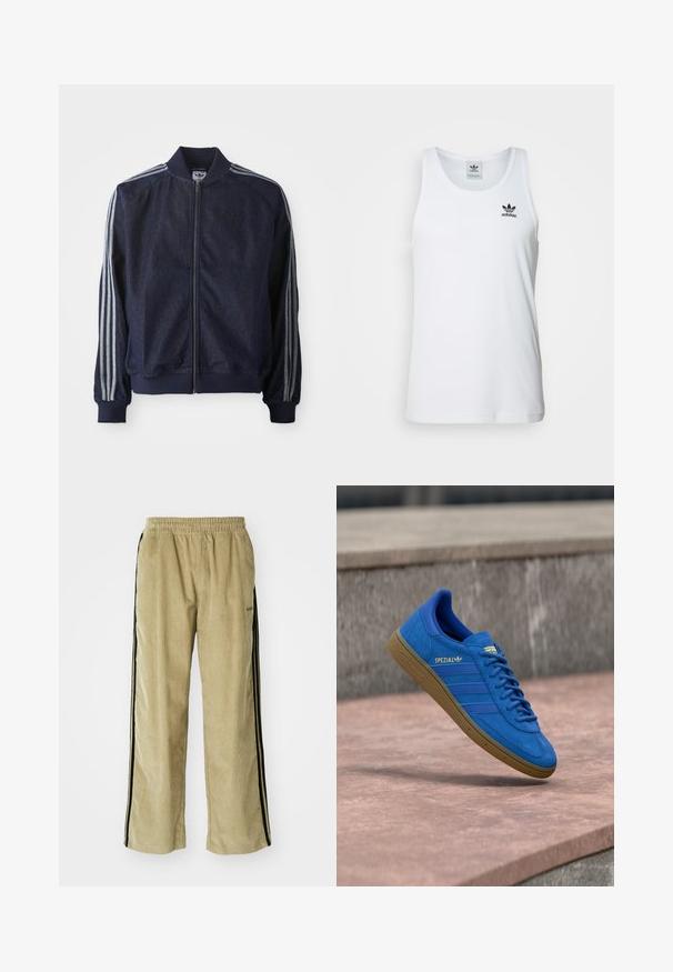 Mørkeblå denimjakke med lynlås foran, ribbede manchetter og tre hvide striber langs hver arm. Har et lille logo på brystet.; Hvid ribbet tanktop med rund halsudskæring, sort Adidas-logo på venstre bryst og uden ærmer. Blødt bommateriale, afslappet pasform.; Beige fløjsbukser med elastisk talje, der har sorte side-striber. Stoffet har en ribbet tekstur og er let flagrende forneden.; Blå Adidas Spezial sneaker med gummisål, snørebånd bundet, hængende over en glat stens overflade nær en grå betonvæg.