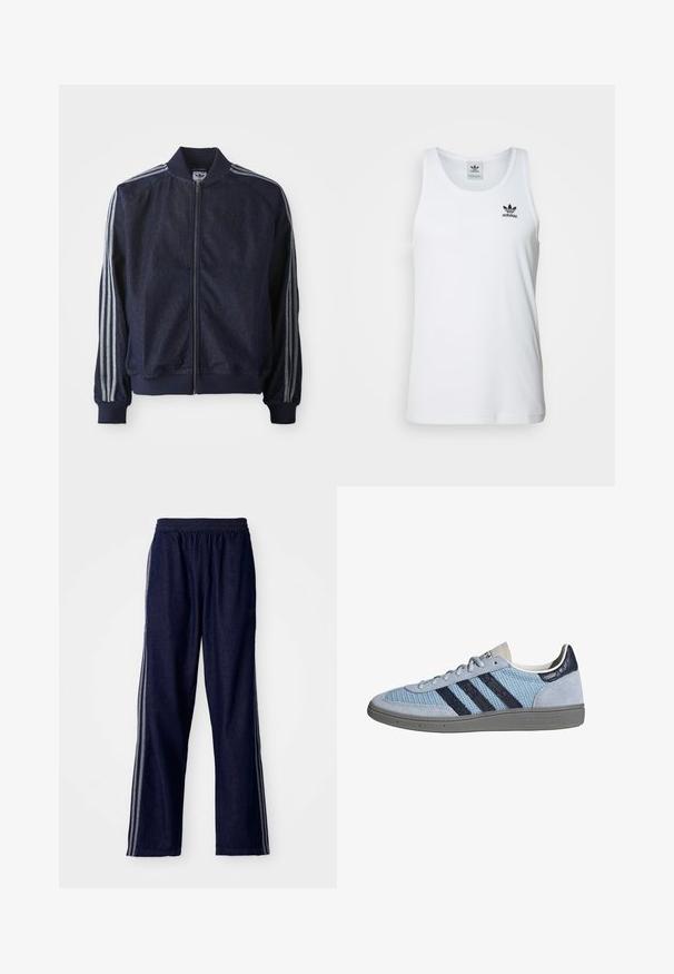 Marineblaue Jeansjacke mit Reißverschluss vorne, gerippten Bündchen und drei weißen Streifen an jedem Arm. Mit kleinem Logo auf der Brust.; Weißes geripptes Tanktop mit Rundhalsausschnitt, schwarzem Adidas-Logo auf der linken Brust und ohne Ärmel. Weiches Baumwollmaterial, lässige Passform.; Marineblaue Sporthosen mit einem elastischen Bund, ausgestattet mit drei weißen seitlichen Streifen und einem geraden Bein. Weicher Denim-Look.; Hellblauer Adidas-Sneaker mit dunkelblauen Streifen, Wildleder an Zehen- und Fersenbereich, strukturierte Sohle und Schnürverschluss, Seitenansicht auf weißem Hintergrund.