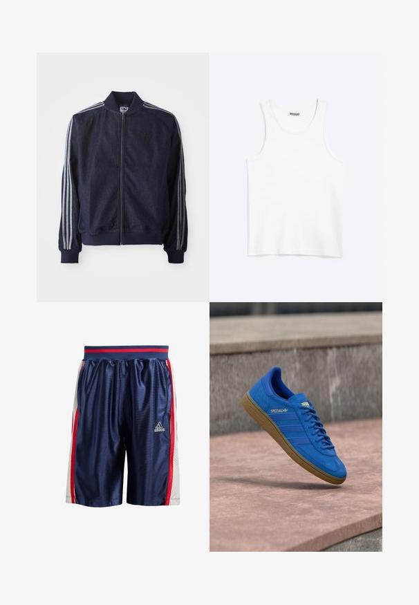 Marineblauwe denimjack met een ritssluiting aan de voorkant, geribbelde manchetten en drie witte strepen langs elke arm. Het heeft een klein logo op de borst.; Wit mouwloos hemdje met ronde hals en Weekday-merklabel aan de binnenkant van de achterkraag, plat weergegeven op een lichte achtergrond.; Blauwe sportshorts met een glanzende afwerking. Voorzien van rode en witte zijkanten met strepen en geventileerde meshpanelen. Elastische tailleband met rode accenten.; Blauwe Adidas Spezial sneaker met rubberen zool, veters geknoopt, hangend boven een glad stenen oppervlak nabij een grijze betonnen muur.