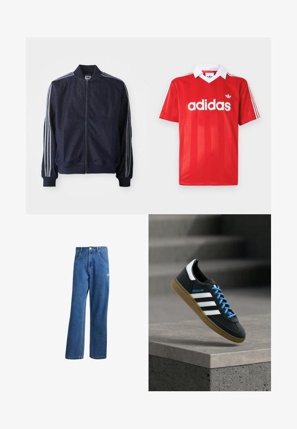 Marineblaue Jeansjacke mit Reißverschluss vorne, gerippten Bündchen und drei weißen Streifen an jedem Arm. Mit kleinem Logo auf der Brust.; Rotes Adidas-Sporttrikot mit weißem Kragen, drei weißen Streifen an den Ärmeln und Adidas-Logo mittig auf der Brust.; Blaue hohe, weite Jeans mit Fronttaschen, Gürtelschlaufen, Knopfverschluss und kleinem Adidas-Logo am rechten Oberschenkel.; Schwarzer Adidas-Sneaker mit weißen Streifen, blauen Schnürsenkeln und Gummisohle, der über einer grauen Betontreppe im weichen Licht schwebt.