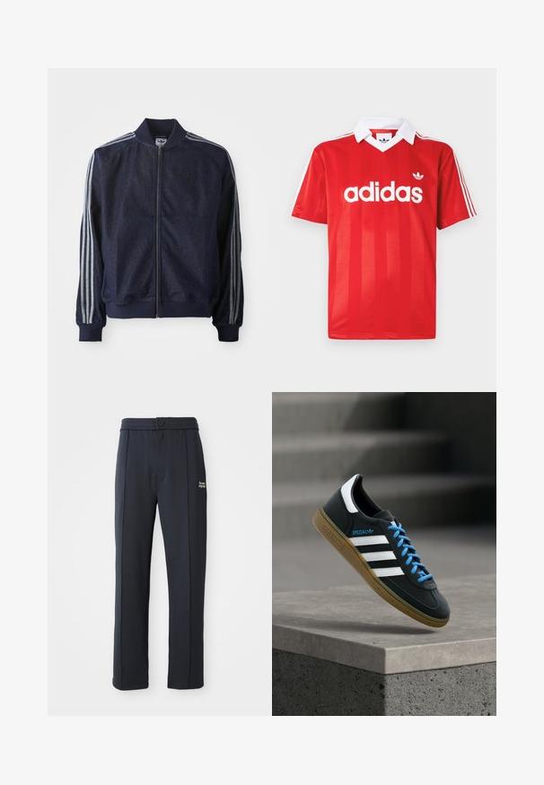 Marineblaue Jeansjacke mit Reißverschluss vorne, gerippten Bündchen und drei weißen Streifen an jedem Arm. Mit kleinem Logo auf der Brust.; Rotes Adidas-Sporttrikot mit weißem Kragen, drei weißen Streifen an den Ärmeln und Adidas-Logo mittig auf der Brust.; Schwarze gerade geschnittene Hose mit elastischem Bund, Knopfverschluss, Nahtdetails und kleinem weißen Logo "the new originals" am linken Oberschenkel.; Schwarzer Adidas-Sneaker mit weißen Streifen, blauen Schnürsenkeln und Gummisohle, der über einer grauen Betontreppe im weichen Licht schwebt.