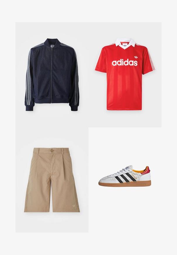Marineblaue Jeansjacke mit Reißverschluss vorne, gerippten Bündchen und drei weißen Streifen an jedem Arm. Mit kleinem Logo auf der Brust.; Rotes Adidas-Sporttrikot mit weißem Kragen, drei weißen Streifen an den Ärmeln und Adidas-Logo mittig auf der Brust.; Beige Baumwollshorts mit geradem Schnitt, vorderen Falten und einem einzigen Knopfverschluss. Mit einem dezenten Logo auf der unteren linken Seite.; Weißer Adidas Spezial Sneaker mit schwarzen Streifen, Gummisohle, gestepptem Muster, rotem Fersenlaschen und gelber Innenausstattung, Seitenansicht.