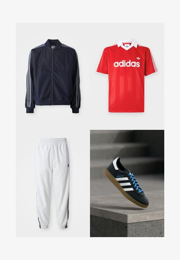 Tumesinist sinusoe džakk, lukuga ees, ribaga mansetid ja kolm valget triipu mööda iga käsivart. Rindkeres on väike logo.; Punane Adidas spordisärk valge krae, kolme valge triibuga varrukatel ja Adidas logo rinnal keskel.; Valged sportlikud püksid mustade küljeribadega, elastne vöökoht ja sääreotsad; vasakul reiel Adidas logo. Sile kangatekstuur.; Must Adidas toss valgete triibu, siniste paelte ja kummist tallaga, hõljuv pehme valgusega halli betoonastme kohal.