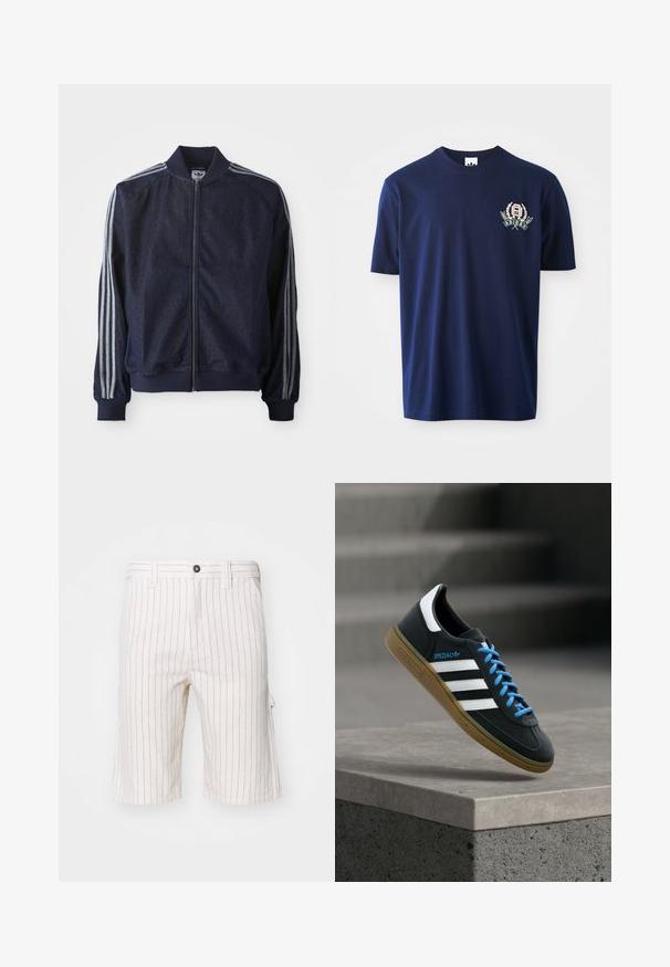 Veste en denim bleu marine avec fermeture éclair à l'avant, poignets côtelés et trois rayures blanches le long de chaque bras. Comprend un petit logo sur la poitrine.; T-shirt en coton bleu marine avec des manches courtes, un col rond et un logo brodé avec des accents de laurier sur la poitrine gauche.; Shorts cargo blancs avec des rayures verticales rouges, fabriqués en tissu léger. Comprend une fermeture à bouton et des poches latérales.; Baskets Adidas noires avec des rayures blanches, des lacets bleus et une semelle en gomme flottant au-dessus d'une marche en béton grise sous une lumière douce.