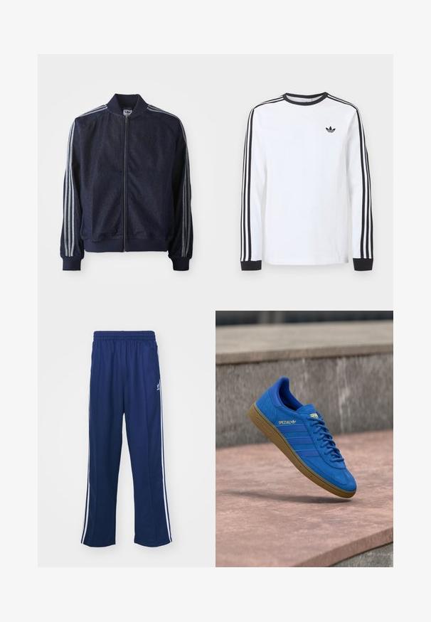 Tumesinist sinusoe džakk, lukuga ees, ribaga mansetid ja kolm valget triipu mööda iga käsivart. Rindkeres on väike logo.; Valge pika varrukaga Adidas särk musta ümarkaeluse, mustade varrukaäärte ning kolme musta triibuga varrukatel ja musta kolmelehelogo rinnal.; Tumed sinised spordipüksid lõdva lõikega, valgete külgtriipudega ja elastse vöökoha ning sileda kangaga, ilma nähtavate mustrite või lisadega.; Sinine Adidas Spezial toss kummist tallaga, paelad seotud, ripub sileda kivipinna kohal halli betoonseina lähedal.