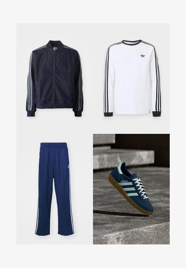 Tumesinist sinusoe džakk, lukuga ees, ribaga mansetid ja kolm valget triipu mööda iga käsivart. Rindkeres on väike logo.; Valge pika varrukaga Adidas särk musta ümarkaeluse, mustade varrukaäärte ning kolme musta triibuga varrukatel ja musta kolmelehelogo rinnal.; Tumed sinised spordipüksid lõdva lõikega, valgete külgtriipudega ja elastse vöökoha ning sileda kangaga, ilma nähtavate mustrite või lisadega.; Sinine Adidas Spezial tennisk, valgete triipude ja paeltega, kummist tallaga, hõljub kareda betoonpinna ja sammude kohal taustal.