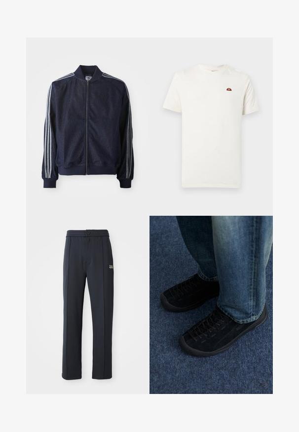 Marineblauwe denimjack met een ritssluiting aan de voorkant, geribbelde manchetten en drie witte strepen langs elke arm. Het heeft een klein logo op de borst.; Witte korte mouwen T-shirt met ronde hals en een klein rood-oranje logo op de linkerborst, tegen een effen achtergrond.; Zwarte rechte broek met elastische tailleband, knoopsluiting, naaddetails en een klein wit "the new originals" logo op de linker dij.; Zwarte nubuck sneakers met een gestructureerd oppervlak, subtiele veters en duurzame rubberen zolen, gecombineerd met blauwe spijkerbroeken.