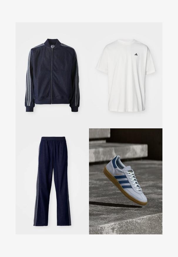 Chaqueta de mezclilla azul marino con cremallera frontal, puños acanalados y tres rayas blancas a lo largo de cada brazo. Presenta un pequeño logo en el pecho.; Camiseta de algodón blanca con mangas cortas, cuello redondo y un pequeño logo negro de Adidas en el lado izquierdo del pecho. Textura suave, ajuste casual.; Pantalones deportivos azul marino con cintura elástica, que presentan tres franjas laterales blancas y un diseño de pierna recta. Textura de mezclilla suave.; Zapatilla Adidas Spezial azul claro con rayas azul marino y suela de goma, mostrada en el aire sobre escalones de hormigón en un entorno exterior neutral.