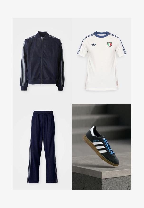 Mørkeblå denimjakke med lynlås foran, ribbede manchetter og tre hvide striber langs hver arm. Har et lille logo på brystet.; Hvid sportst-shirt med blå krave og tre blå striber på hver skulder. Har logo med Italiens flag i midten.; Mørkeblå træningsbukser med elastisk talje, der har tre hvide sidestriber og en lige benudskæring. Blød denimtekstur.; Sort Adidas sneaker med hvide striber, blå snørebånd og gummisål, der svæver over gråt betontrin i blødt lys.