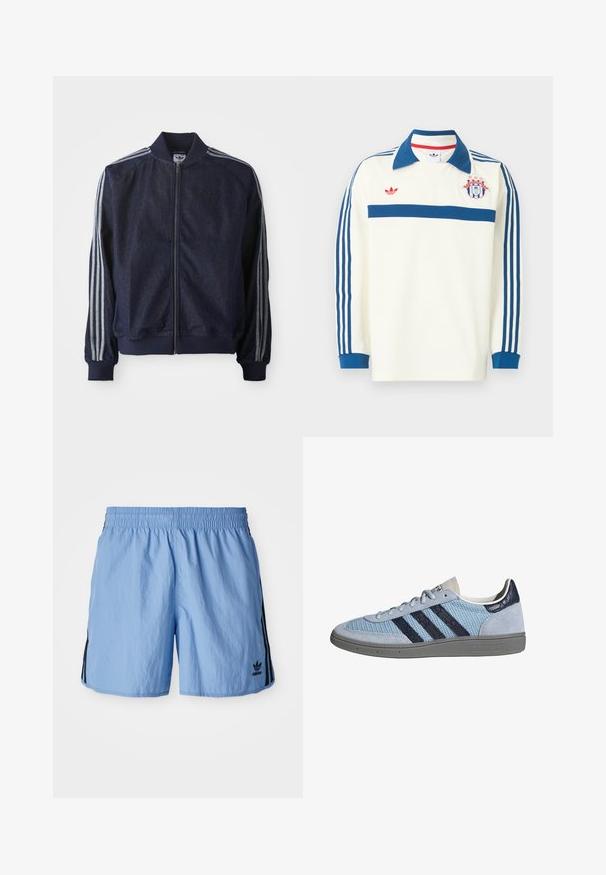 Marineblaue Jeansjacke mit Reißverschluss vorne, gerippten Bündchen und drei weißen Streifen an jedem Arm. Mit kleinem Logo auf der Brust.; Weißes langärmeliges Sporttrikot mit blauem Kragen, blauen Streifen an den Ärmeln, blauem Bruststreifen, rotem Logo und einem Wappenschild mit Sternen auf der Brust.; Hellblaue Sportshorts mit elastischem Bund, ausgestattet mit schwarzen Seitenstreifen und einem gestickten schwarzen Logo unten rechts.; Hellblauer Adidas-Sneaker mit dunkelblauen Streifen, Wildleder an Zehen- und Fersenbereich, strukturierte Sohle und Schnürverschluss, Seitenansicht auf weißem Hintergrund.