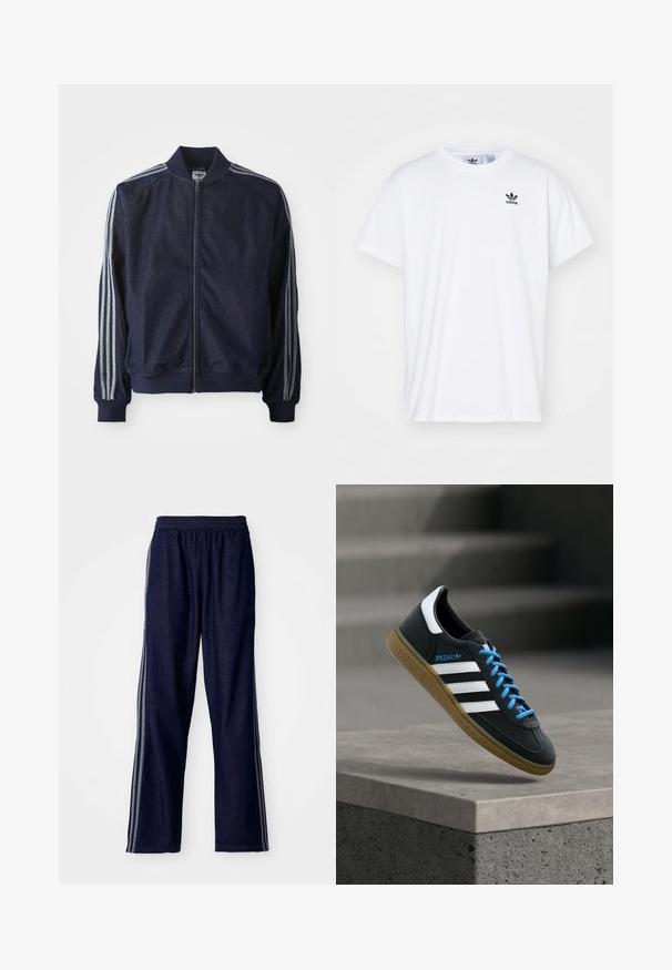 Chaqueta de mezclilla azul marino con cremallera frontal, puños acanalados y tres rayas blancas a lo largo de cada brazo. Presenta un pequeño logo en el pecho.; Camiseta blanca de algodón con mangas cortas, escote redondo y un logo negro de Adidas con tres franjas en la zona del lado izquierdo del pecho.; Pantalones deportivos azul marino con cintura elástica, que presentan tres franjas laterales blancas y un diseño de pierna recta. Textura de mezclilla suave.; Zapatilla negra Adidas con franjas blancas, cordones azules y suela de goma flotando sobre un escalón de hormigón gris con luz suave.