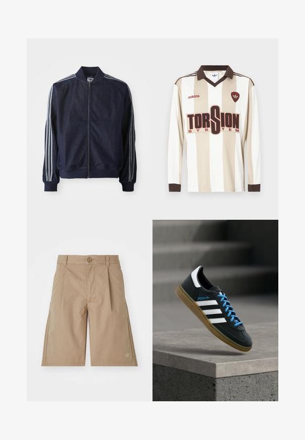 Chaqueta de mezclilla azul marino con cremallera frontal, puños acanalados y tres rayas blancas a lo largo de cada brazo. Presenta un pequeño logo en el pecho.; Camiseta de fútbol de manga larga con rayas beige y blancas; cuenta con un cuello y puños marrones, un gran logo rojo "TORSION SYSTEM" y la marca adidas.; Bermudas de algodón beige con corte recto, pliegues frontales y cierre de botón único. Presentan un sutil logo en la parte inferior izquierda.; Zapatilla negra Adidas con franjas blancas, cordones azules y suela de goma flotando sobre un escalón de hormigón gris con luz suave.