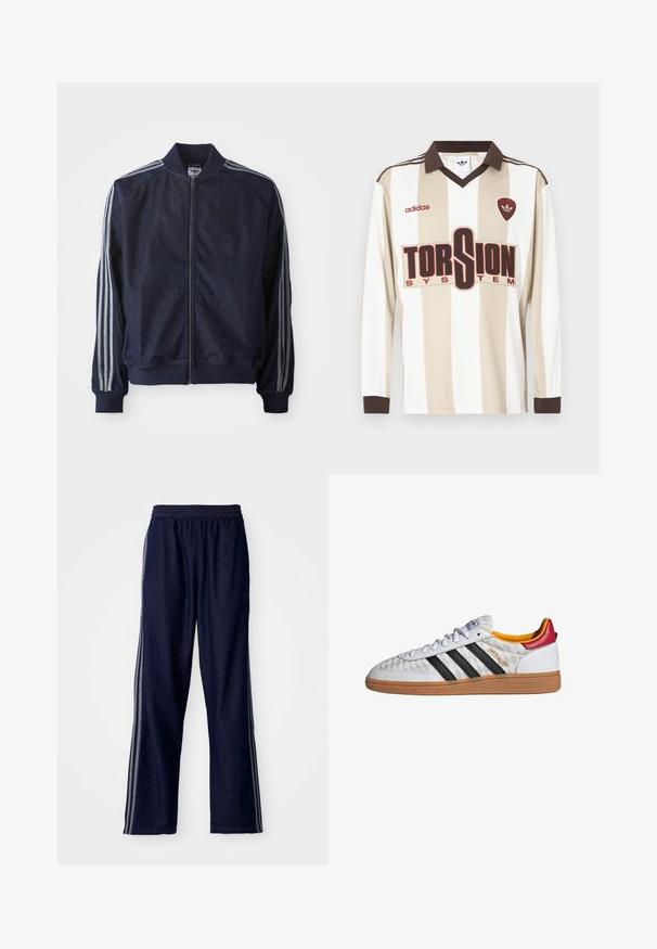 Veste en denim bleu marine avec fermeture éclair à l'avant, poignets côtelés et trois rayures blanches le long de chaque bras. Comprend un petit logo sur la poitrine.; Maillot de football à manches longues rayé beige et blanc ; doté d'un col et de poignets marron, d'un grand logo rouge "TORSION SYSTEM" et de la marque adidas.; Pantalon de sport bleu marine avec une taille élastique, comportant trois bandes latérales blanches et une coupe droite. Texture en denim doux.; Baskets Adidas Spezial blanches avec bandes noires, semelle en gomme, motif matelassé, languette talon rouge et doublure intérieure jaune, vue latérale.