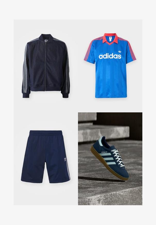 Marineblauwe denimjack met een ritssluiting aan de voorkant, geribbelde manchetten en drie witte strepen langs elke arm. Het heeft een klein logo op de borst.; Blauw Adidas sportshirt met korte mouwen, rode kraag en strepen op de schouders, met wit Adidas-logo en driebladig embleem op de borst.; Marineblauwe sportshorts van een lichte stof, met een elastische tailleband en drie witte strepen aan de zijkanten. Adidas-logo zichtbaar.; Blauwe Adidas Spezial sneaker met witte strepen en veters, gumzool, zwevend boven een ruwe betonnen oppervlakte en trappen op de achtergrond.