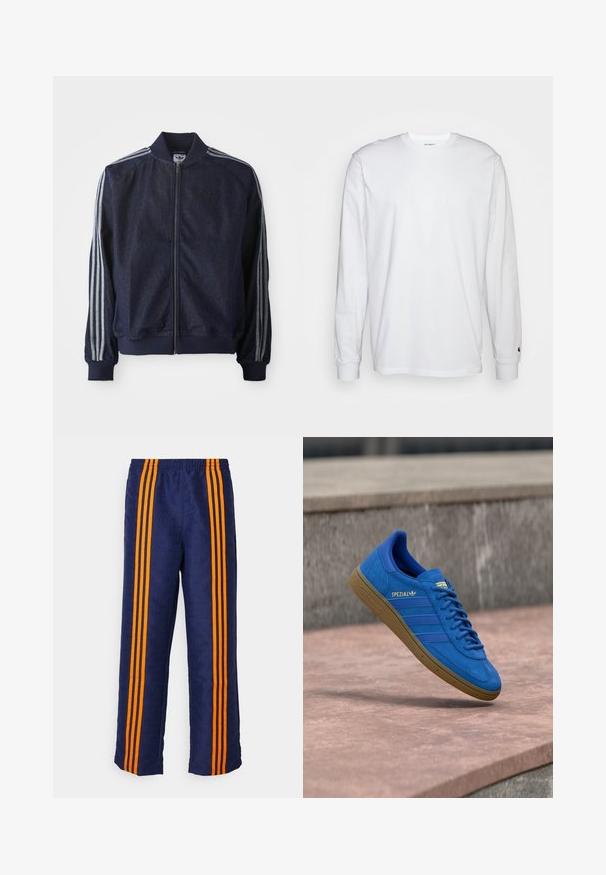 Mørkeblå denimjakke med lynlås foran, ribbede manchetter og tre hvide striber langs hver arm. Har et lille logo på brystet.; Hvid langærmet T-shirt lavet af bomuld. Rund halsudskæring med ribbede manchetter og et lille logo på venstre ærme. Glat tekstur.; Marineblå bukser med et overalt mønstret tekstur og tre brede orange striber, der løber ned langs hver side. Elastisk taljebånd øverst.; Blå Adidas Spezial sneaker med gummisål, snørebånd bundet, hængende over en glat stens overflade nær en grå betonvæg.