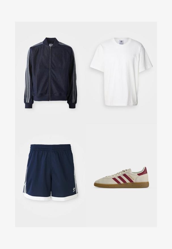 Chaqueta de mezclilla azul marino con cremallera frontal, puños acanalados y tres rayas blancas a lo largo de cada brazo. Presenta un pequeño logo en el pecho.; Camiseta de algodón blanca con cuello redondo y mangas cortas. Presenta un pequeño logotipo bordado en el pecho. Diseño simple y clásico.; Pantalones cortos deportivos de Adidas azul marino con ribete blanco y tres rayas blancas a cada lado, cinturilla elástica.; Zapatilla beige Adidas Spezial con tres franjas burdeos, lengüeta trasera burdeos, suela de goma y texto dorado "Spezial" en el lateral.